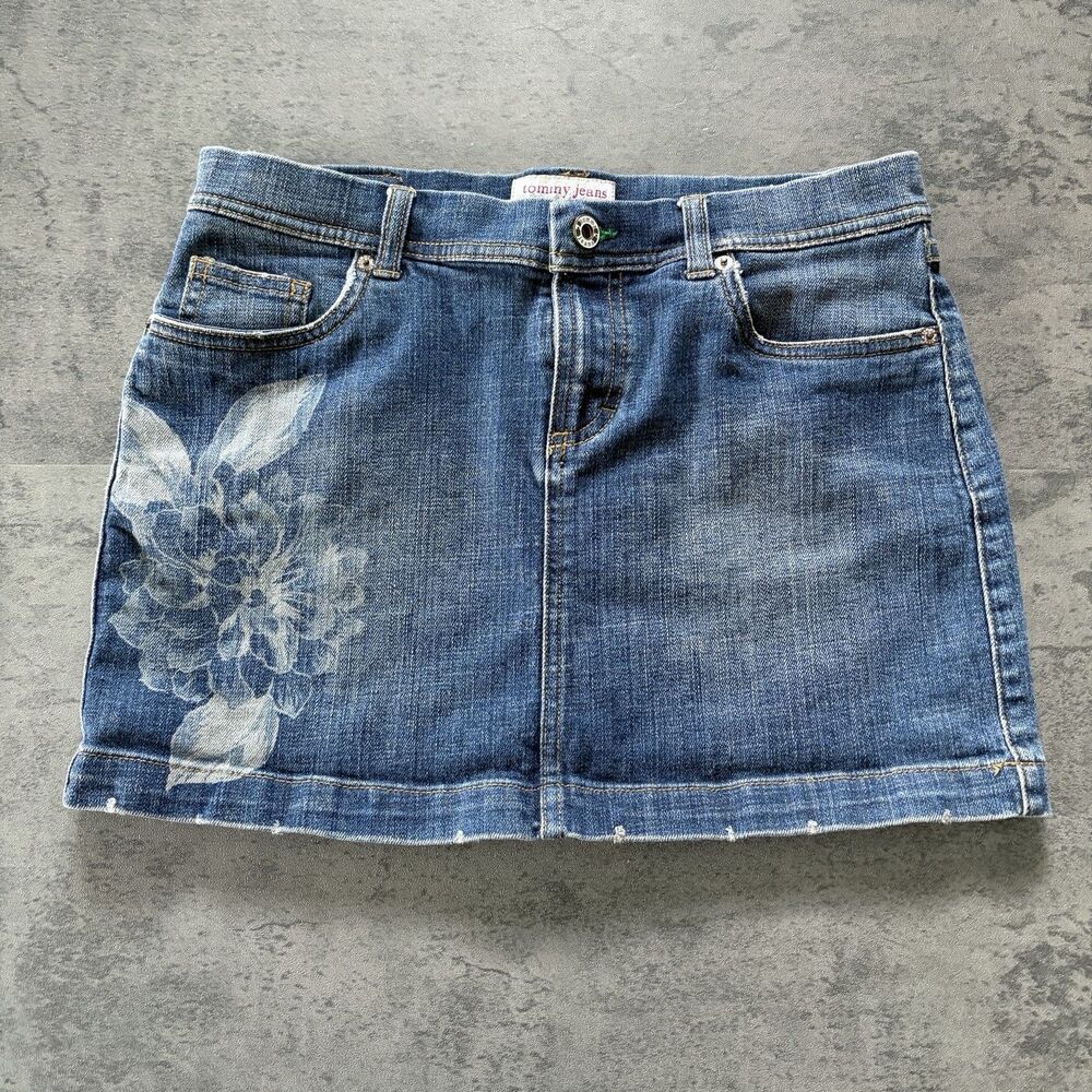 Y2K Vintage Tommy Hilfiger Jeans Denim Flower Print Mini Skirt Sz 5 28'' Waist